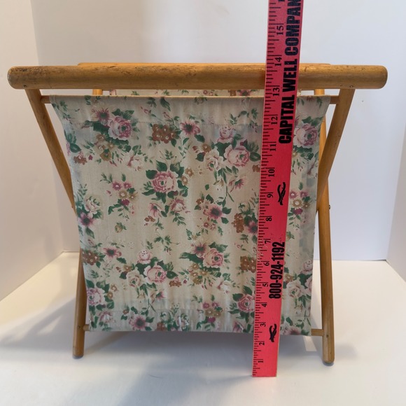Vintage Folding Basket Knitting Yarn Caddy, Wood Frame With Fabric, Floral Azar - Picture 5 of 13